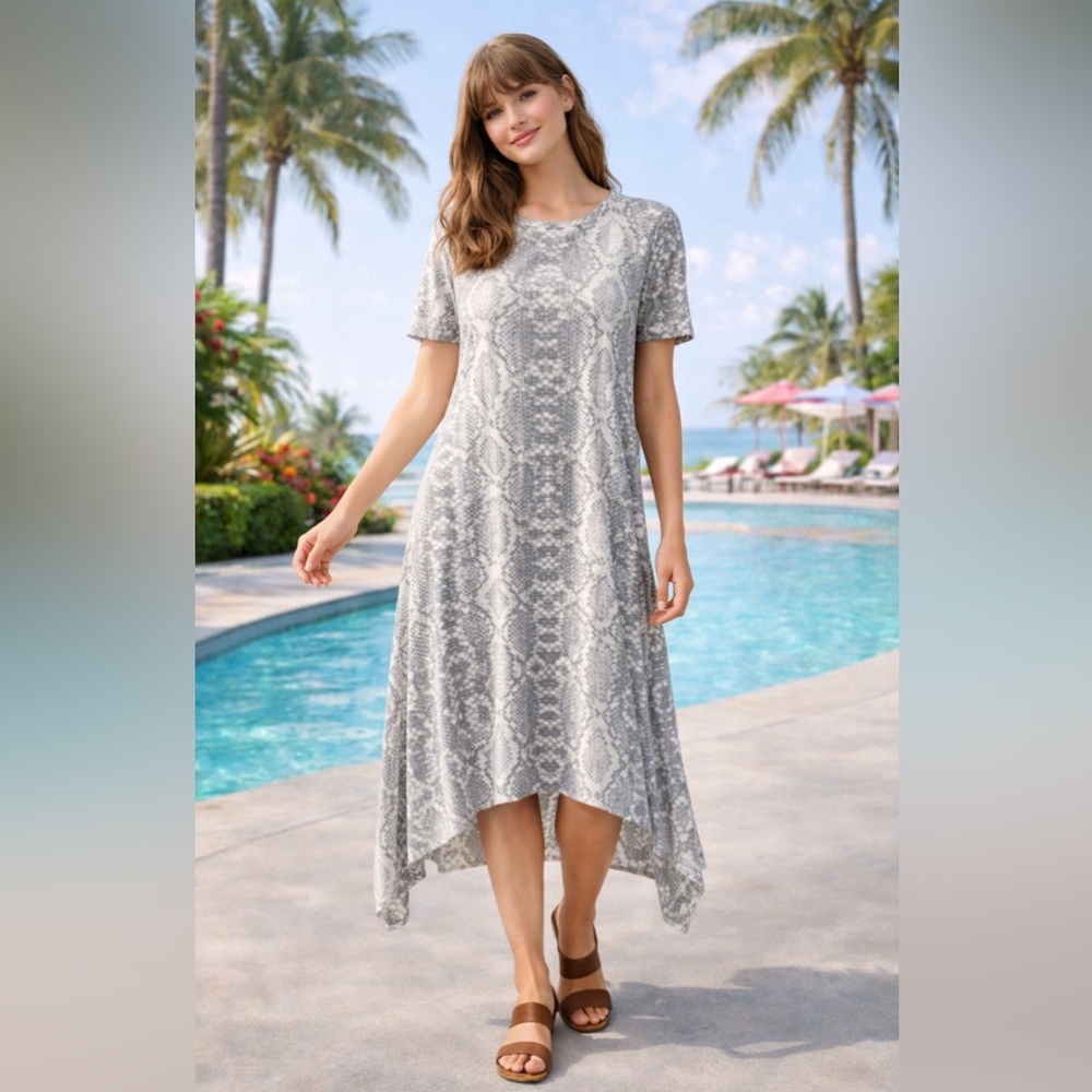 👗🌹Trendy GAIAM Snakeskin Dress XS 4 6 | Light Gray Asymmetrical Midi